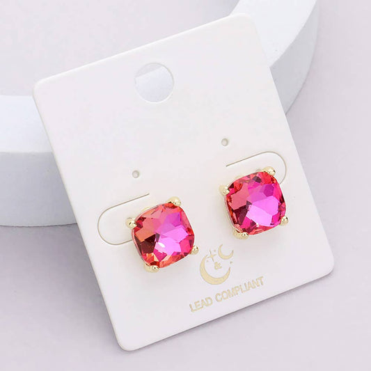 Cushion Square Stone Stud Earrings- Rose AB