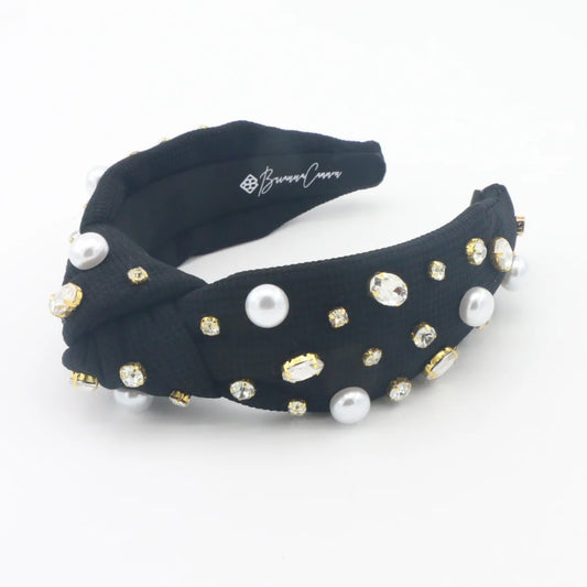 BC- Black Twill Headband Crystals and Pearls