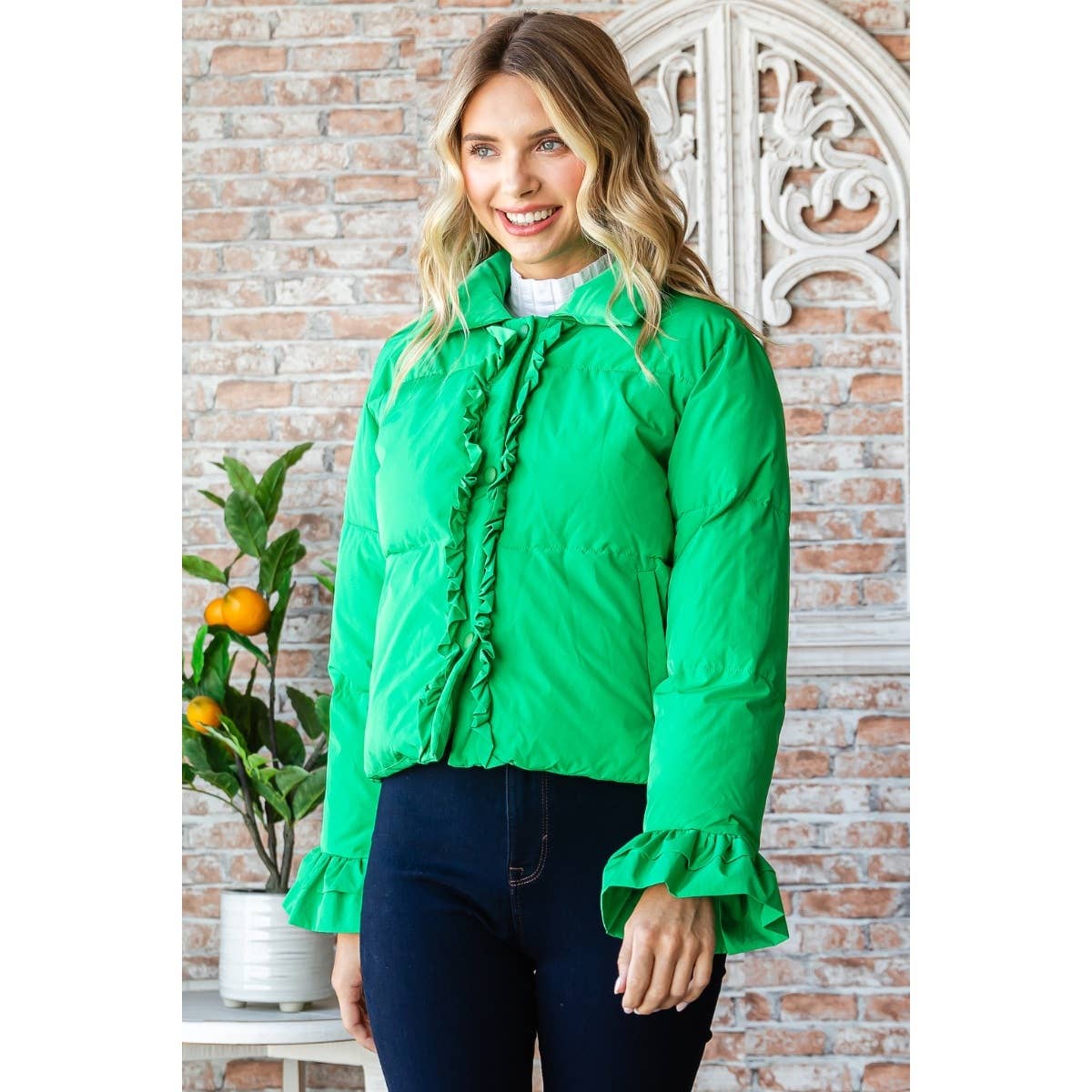 Carrie Ruffle Puffer Jacket- Apple Green