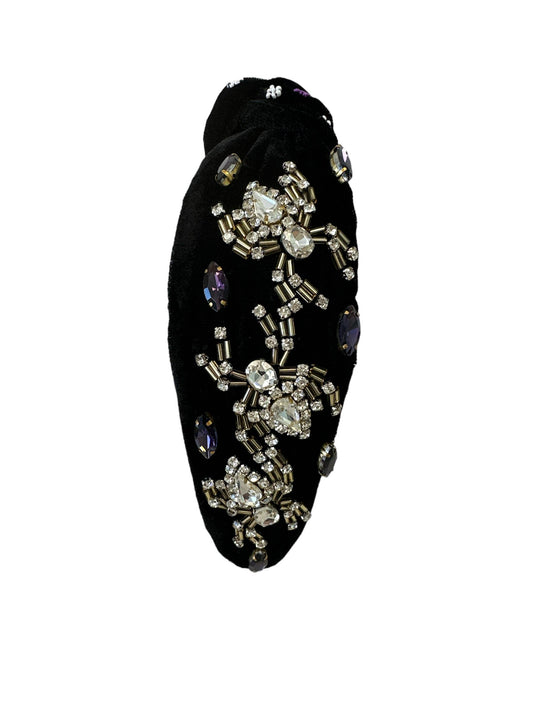 Halloween Headband Knot - Rhinestone Spider - Black Velvet