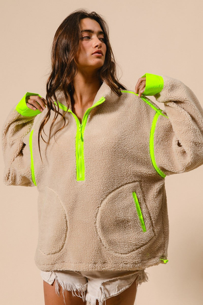 Livvy Sherpa Pullover- Oatmeal Lime