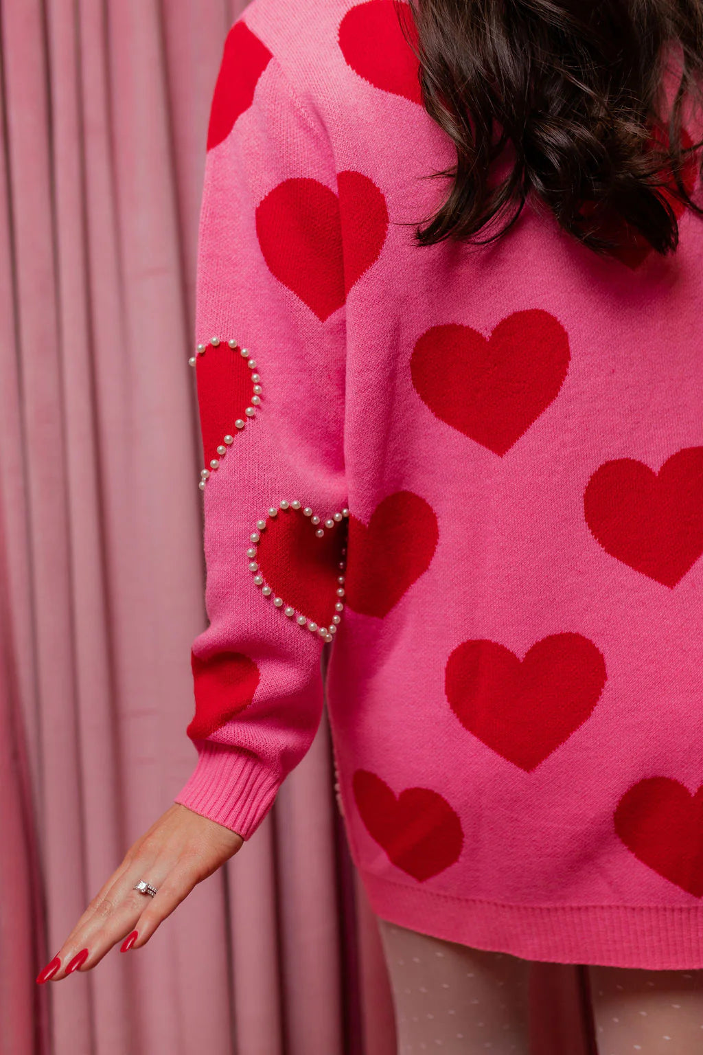 BC- Pink Sweater Tunic with Red Hearts and Pearls