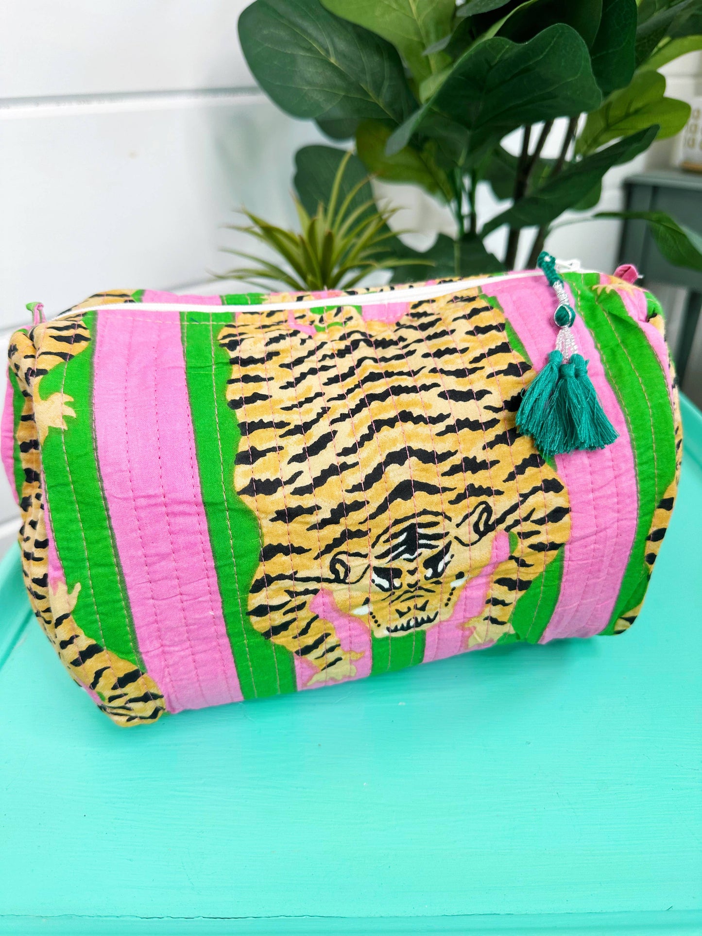 Quilted Makeup Bags- Green/Pink Tiger