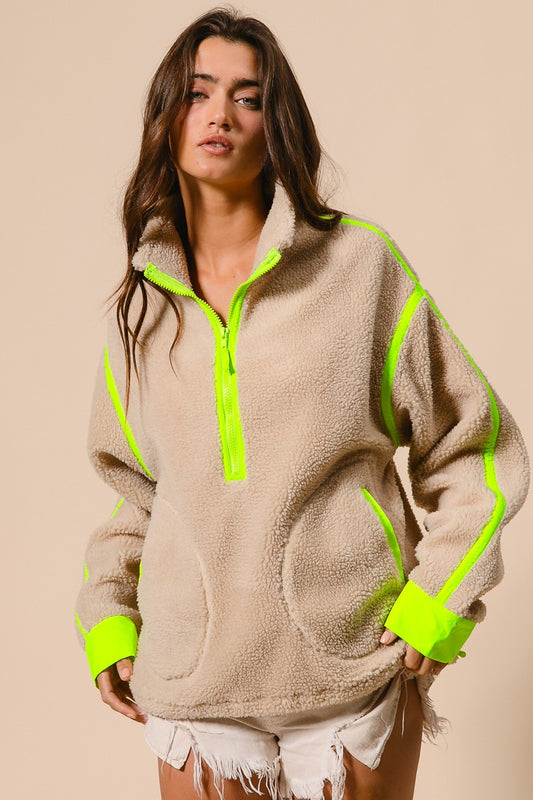 Livvy Sherpa Pullover- Oatmeal Lime