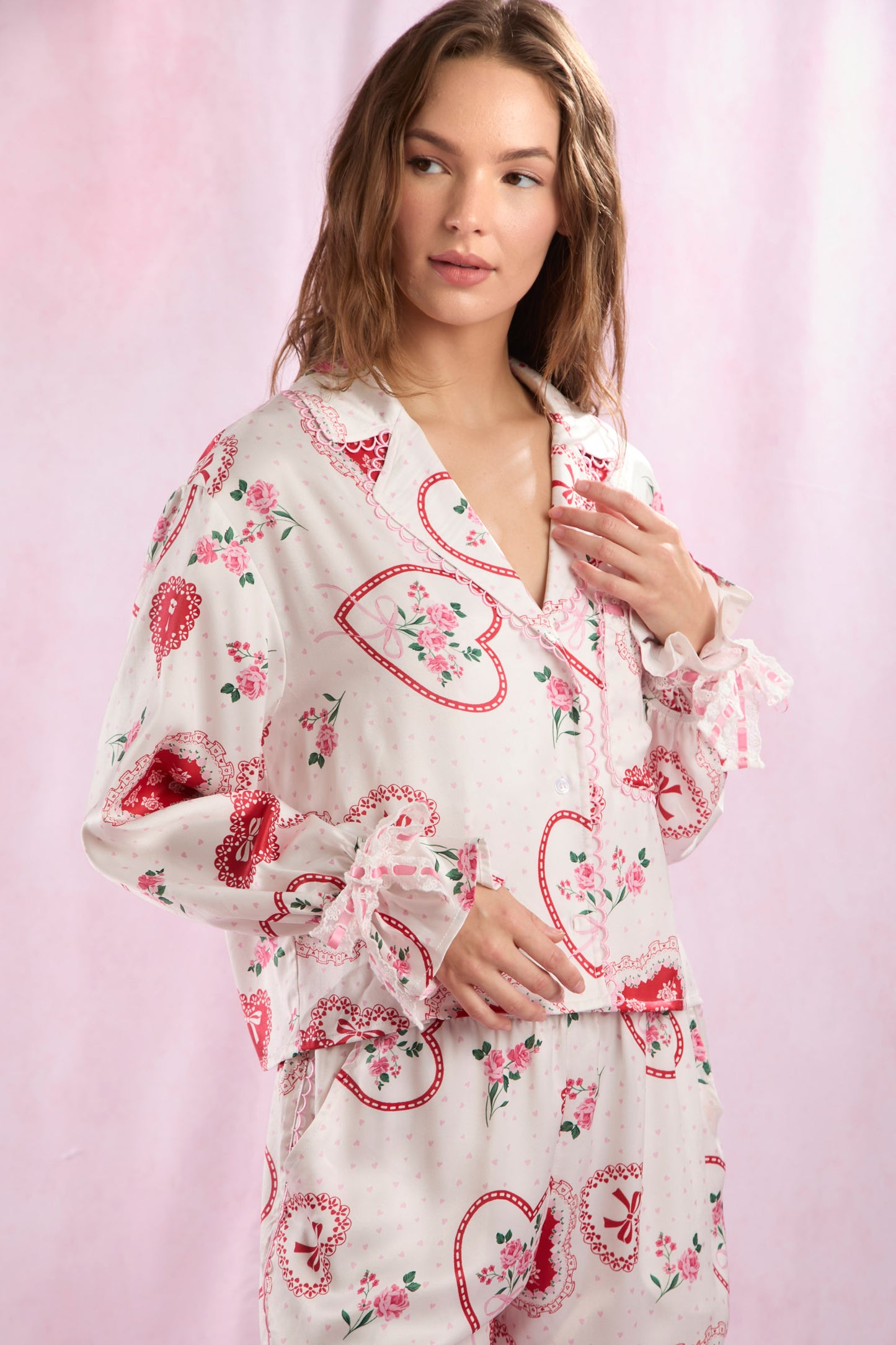 Valentines Heart Lace Satin Pajamas