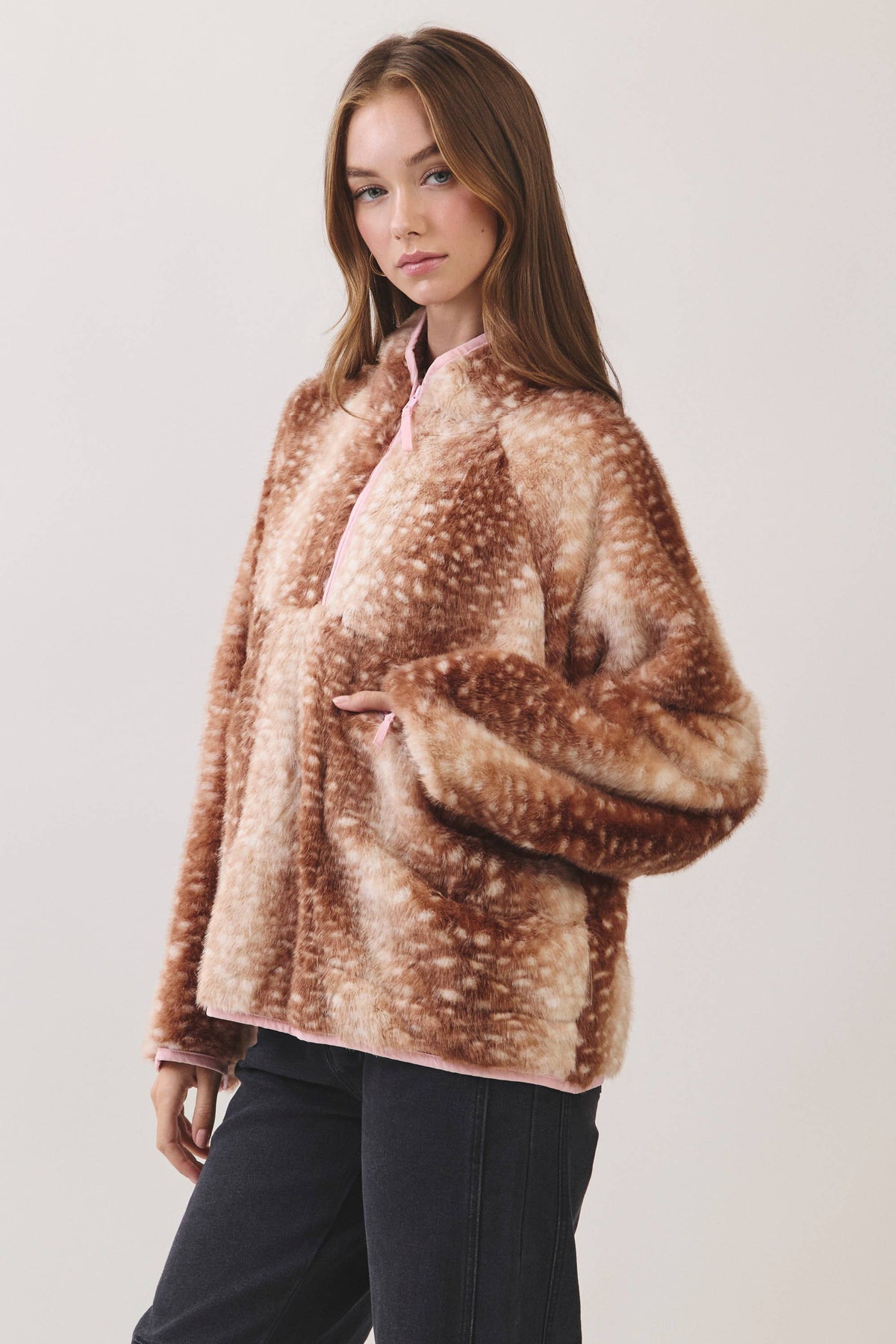 Deer Print Faux Fur Half-Zip Jacket