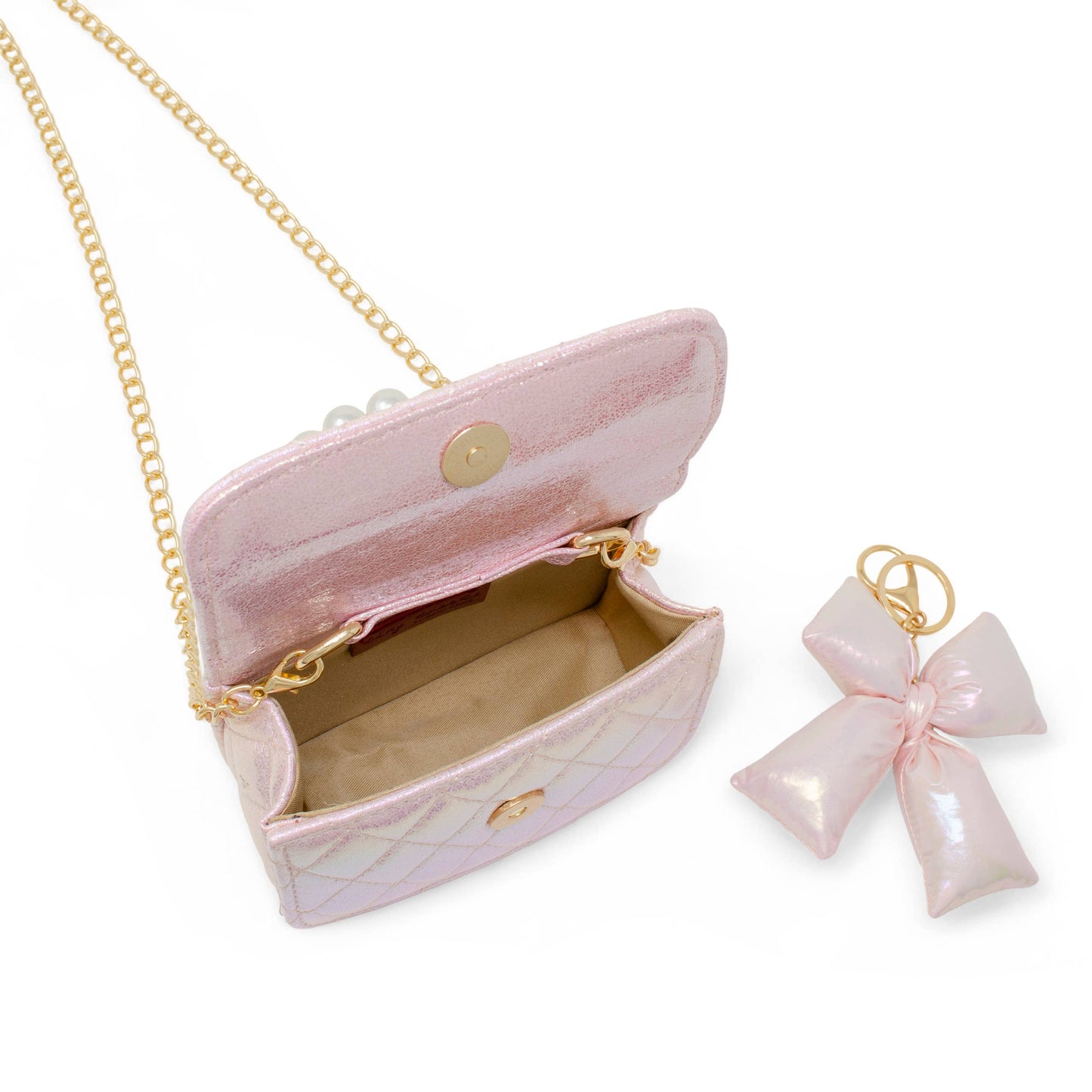 Girls Shiny Quilted Fluffy Bow Handbag: Pink