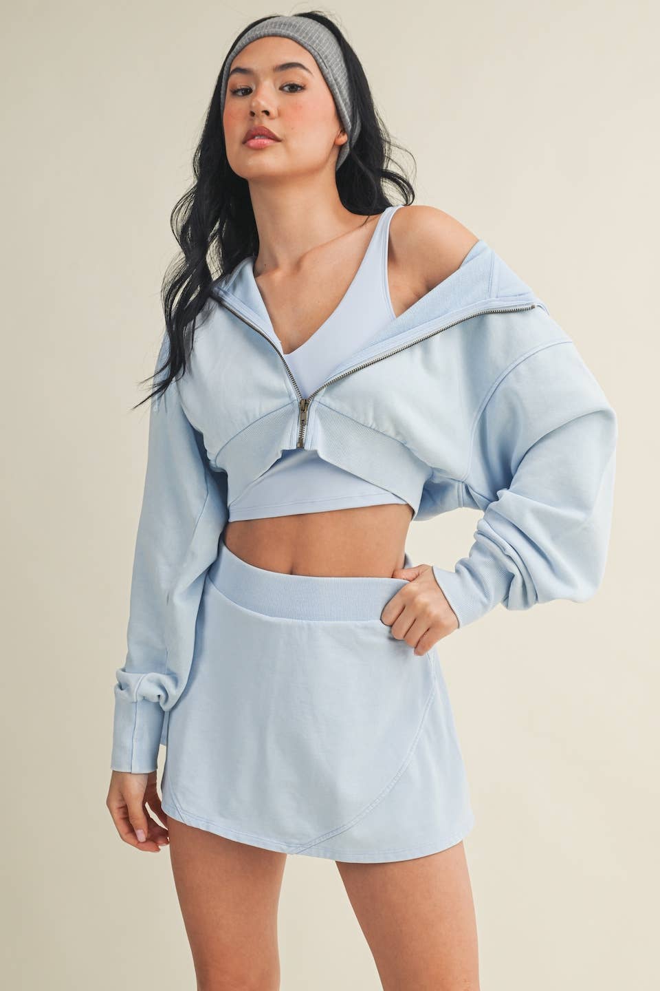 Mineral Wash Oversized Crop Hoodie- Blue