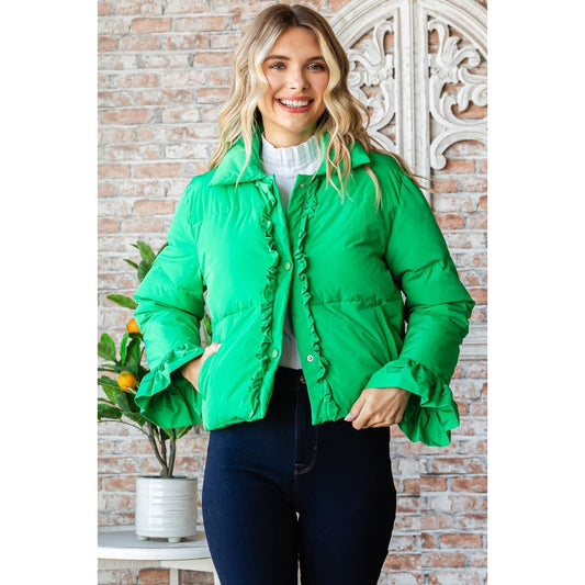 Carrie Ruffle Puffer Jacket- Apple Green