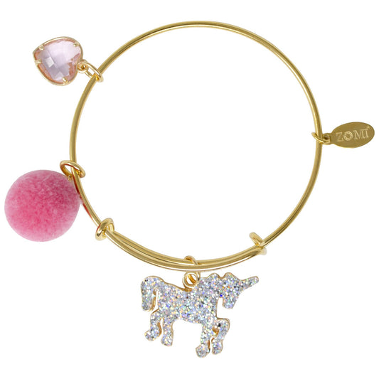 Girls Shiny Unicorn & Heart Gold Bangle Bracelet