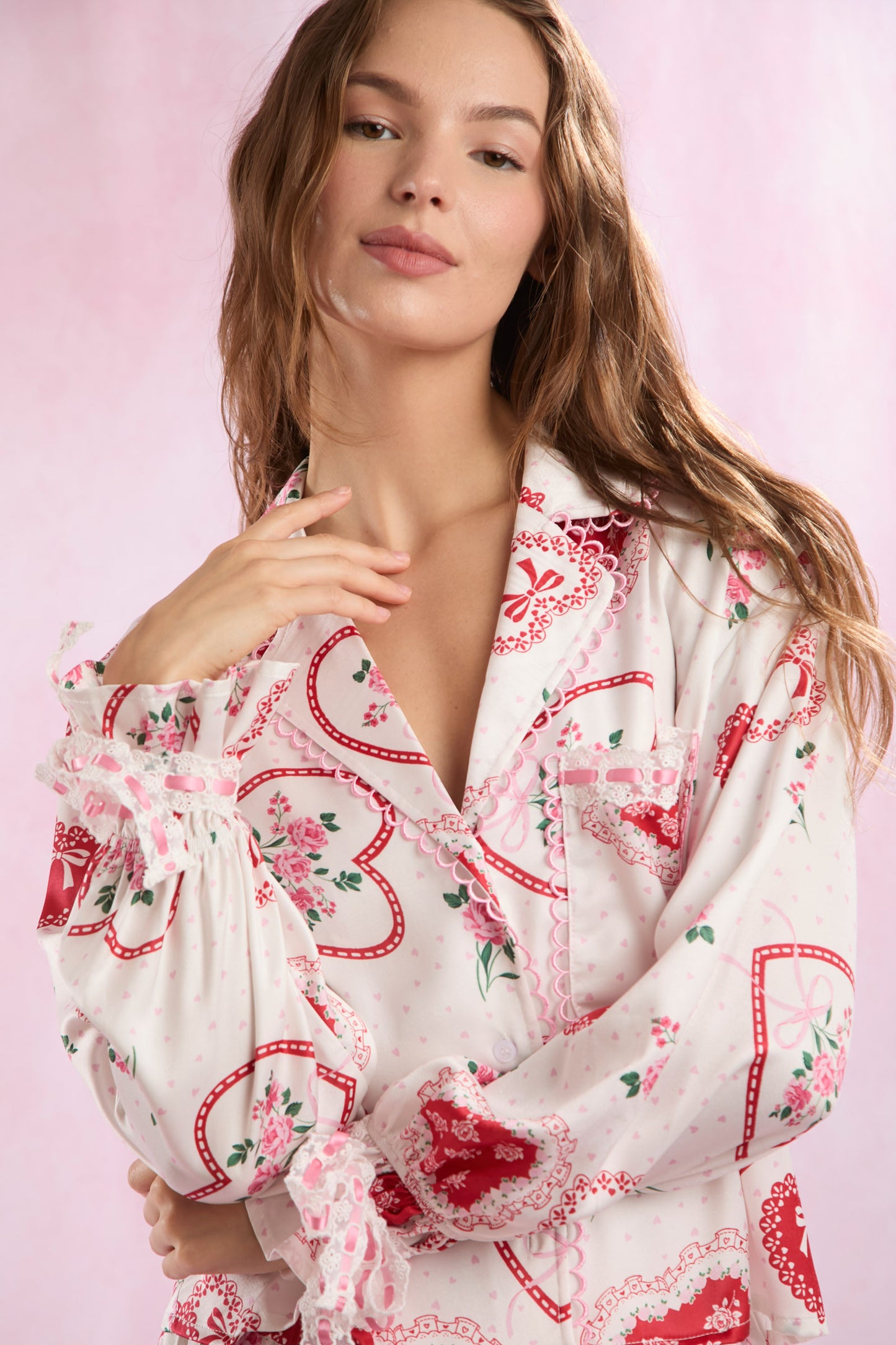 Valentines Heart Lace Satin Pajamas