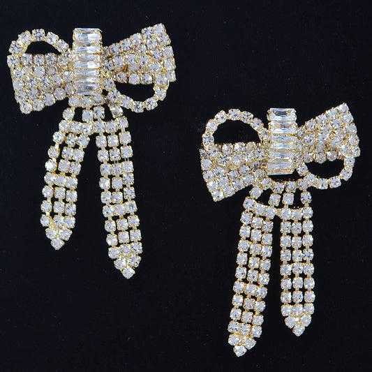 Ribbon Rhinestone Earrings- Gold