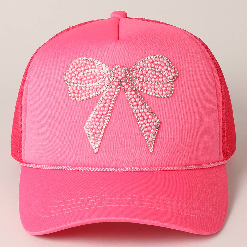 Rhinestone Bow Patch Trucker Hat: Hot Pink