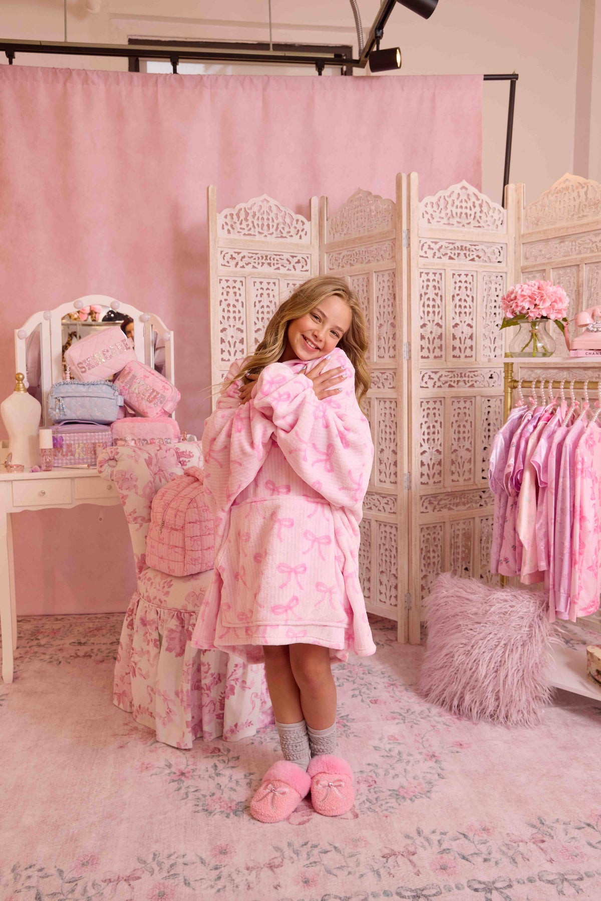 Girls- Fleece Striped Bow Printed Blanket Hoodie
