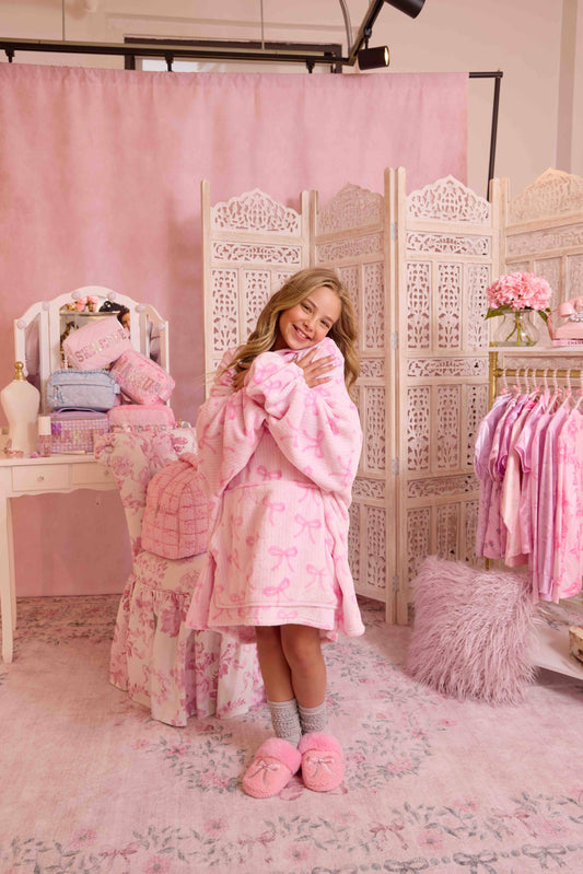 Girls- Fleece Striped Bow Printed Blanket Hoodie