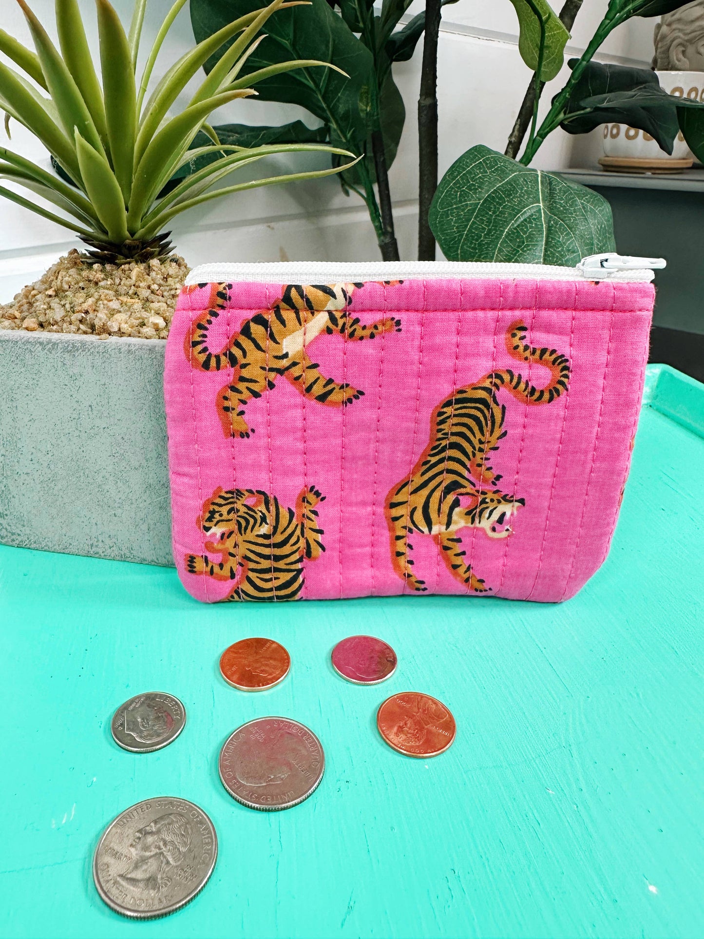 Quilted Coin Pouch - Bright Pink Tiger