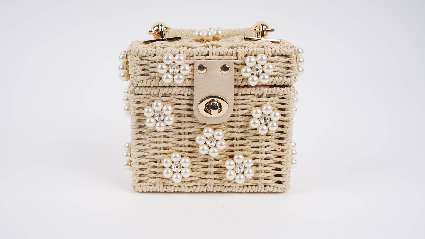 Wicker Bucket Daisy Flower Purse: Cream + Pearl Daisy / Small