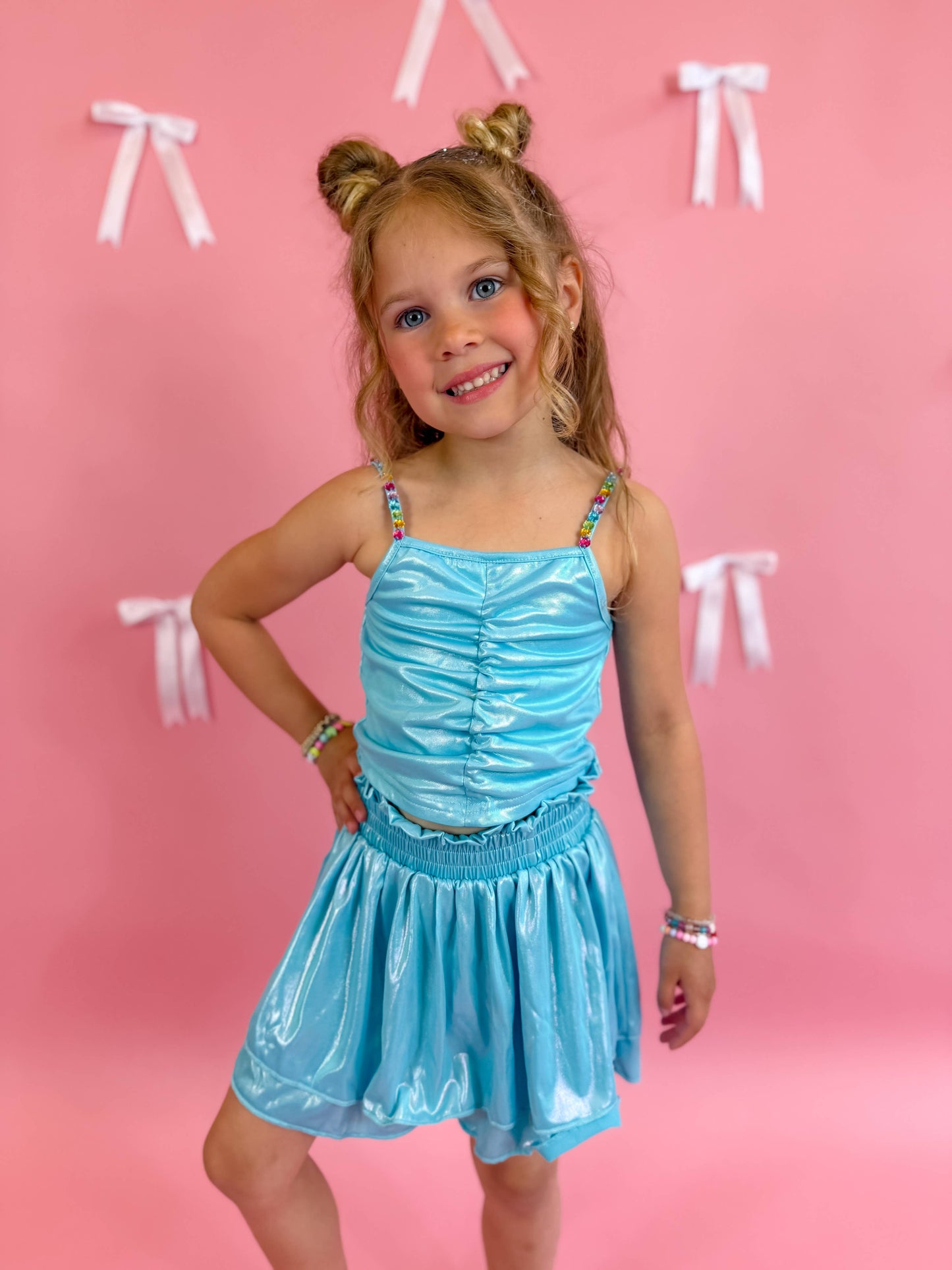 Girls Blue Metallic Skort Set