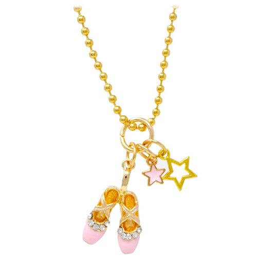 Girls Ballet Slippers & Stars Gold Charm Necklace