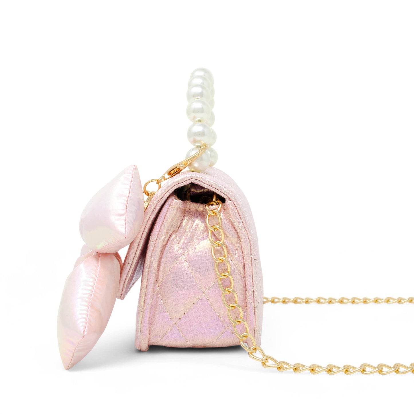 Girls Shiny Quilted Fluffy Bow Handbag: Pink