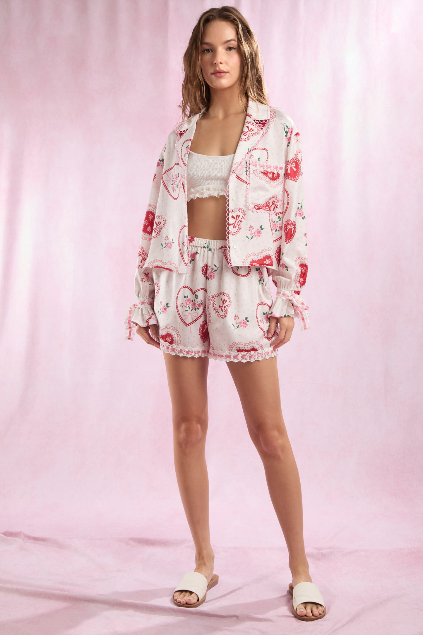 Valentines Heart Lace Satin Pajamas