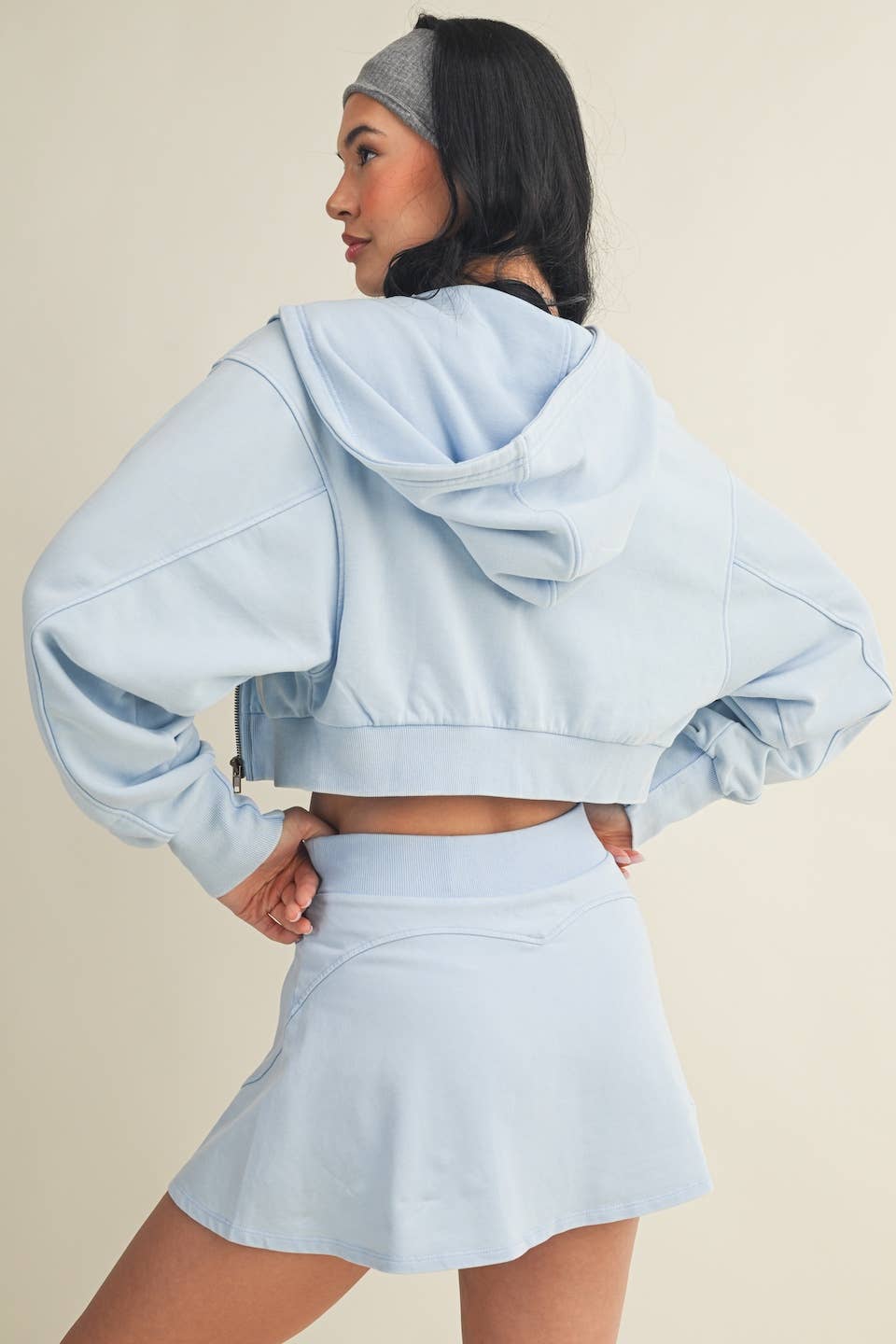 Mineral Wash Oversized Crop Hoodie- Blue