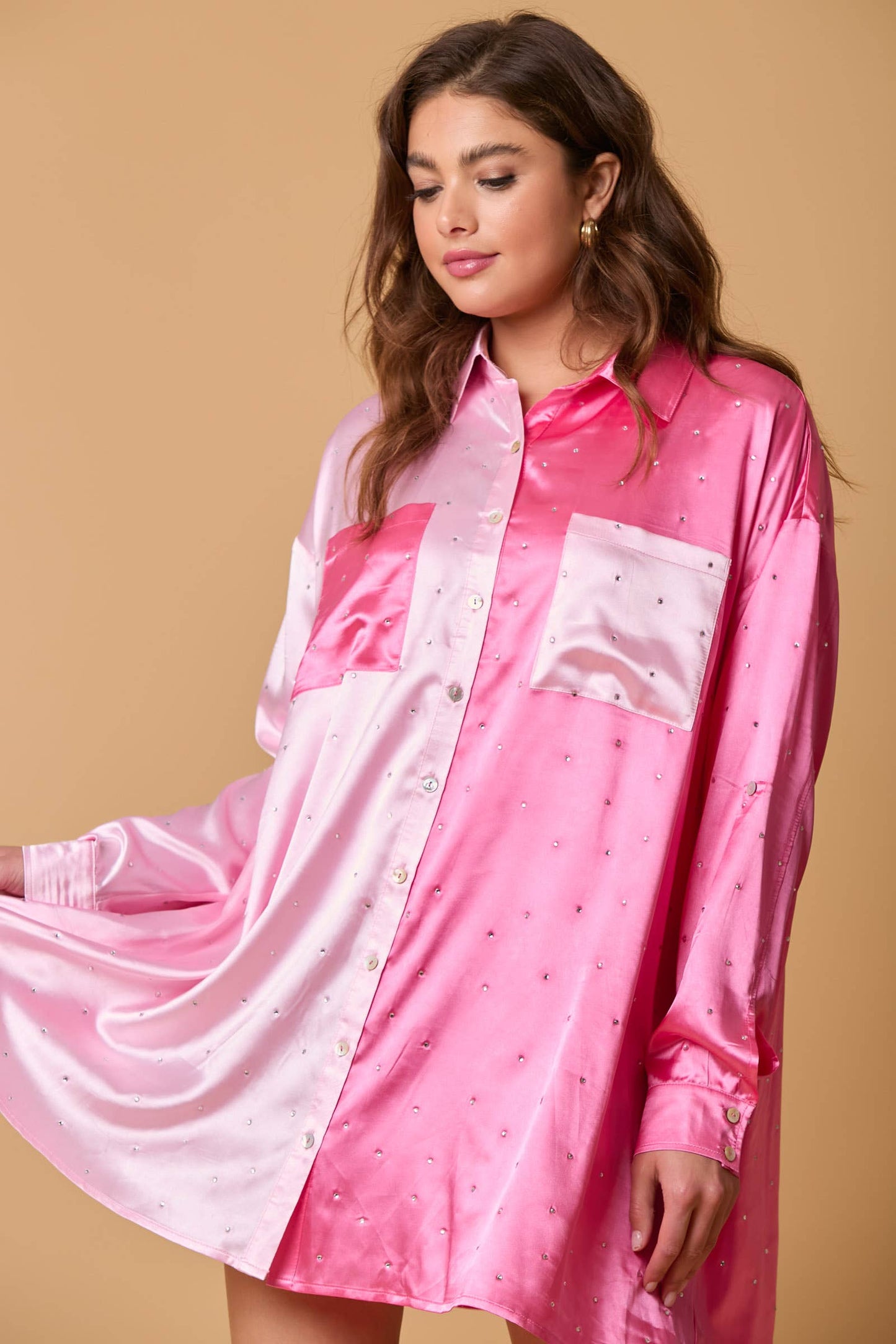 Blake Embellished Shirt Dress- Pink