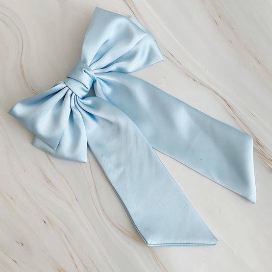 Doubled Satin Bow Hair Clip: Blue