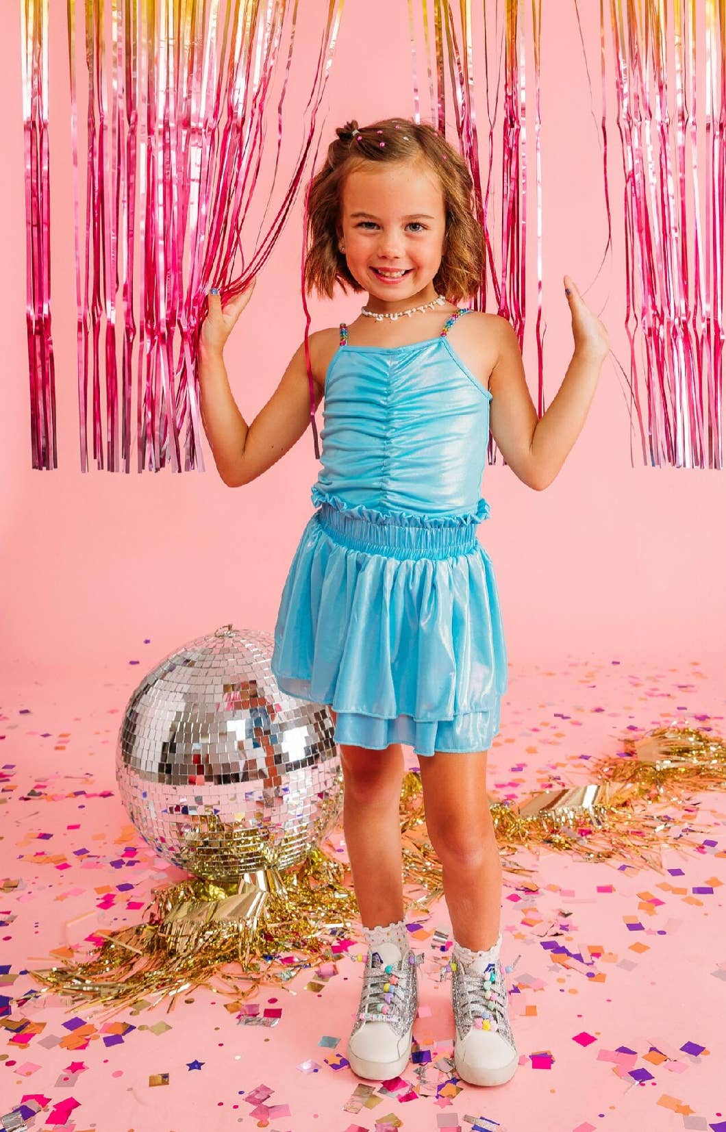 Girls Blue Metallic Skort Set