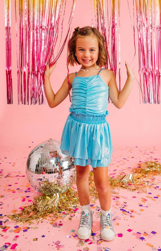 Girls Blue Metallic Skort Set