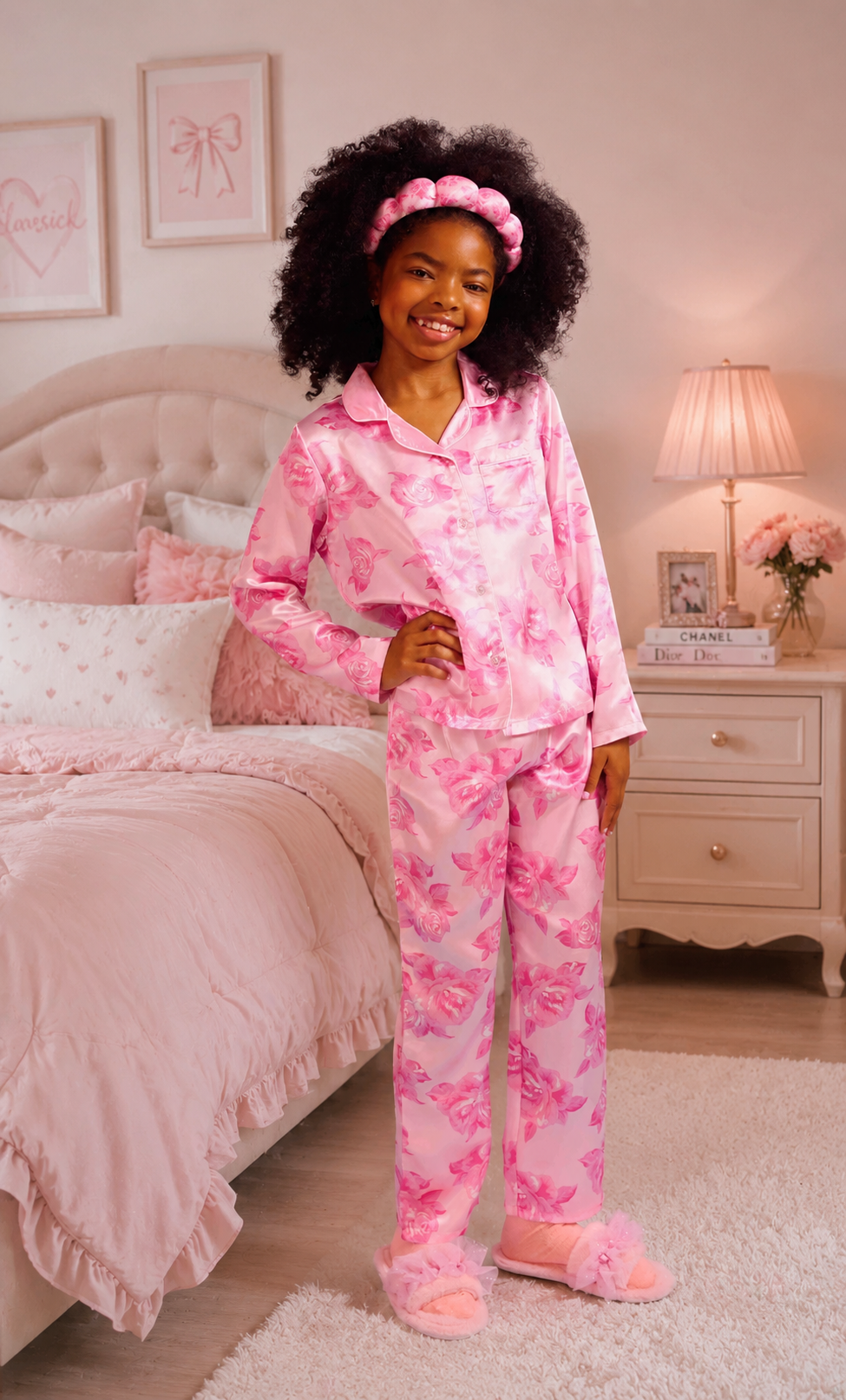 Girls- Rose Print Satin Pajama Set with Headband