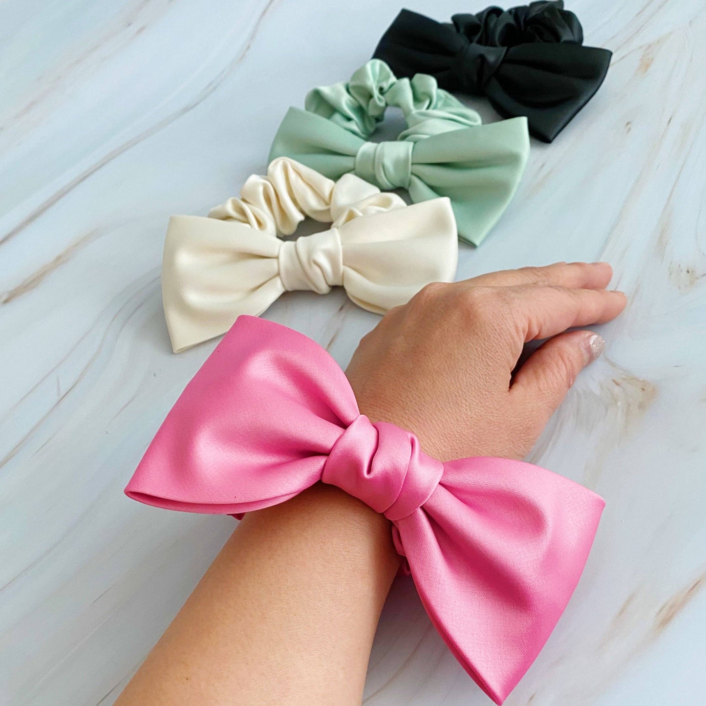 Satin Bow Tie Hair Scrunchie- Pink