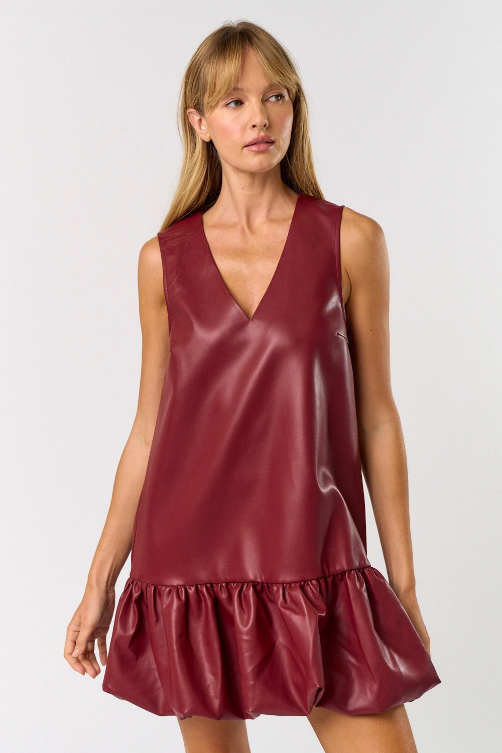 Tia Wine Leather Bubble Dress