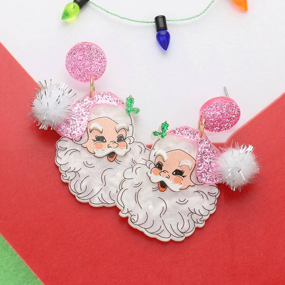 Glitter Resin Pom Santa Dangle Earrings: Pink