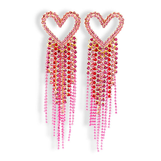 BC- Pink Rhinestone Heart Earrings with Crystal and Bead Fringe