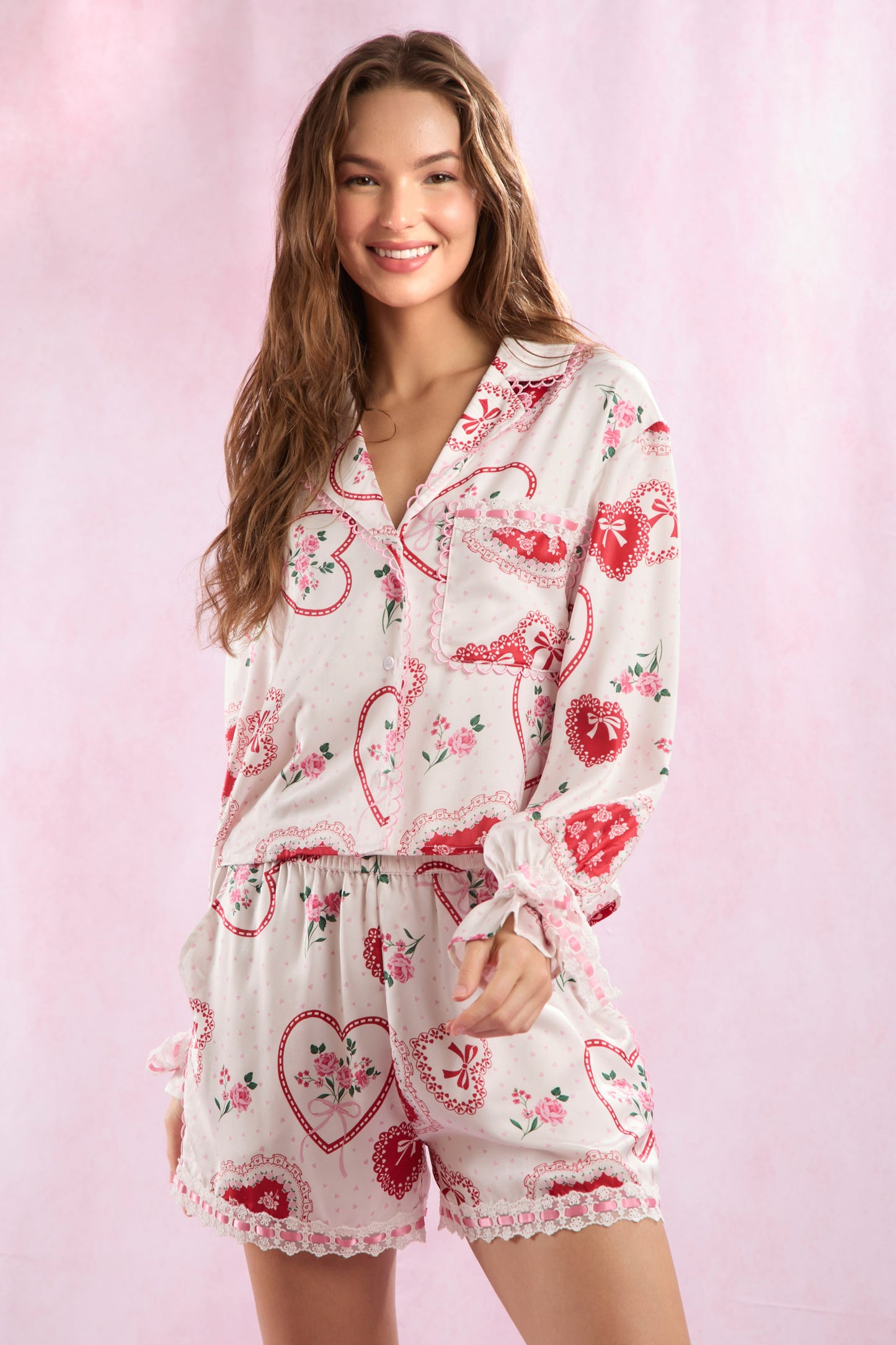 Valentines Heart Lace Satin Pajamas