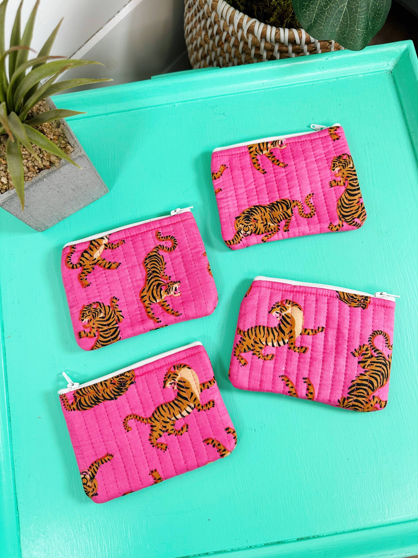 Quilted Coin Pouch - Bright Pink Tiger