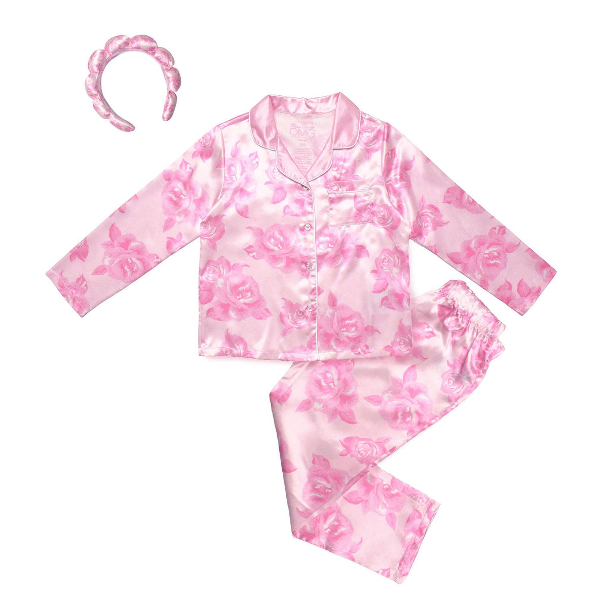 Girls- Rose Print Satin Pajama Set with Headband