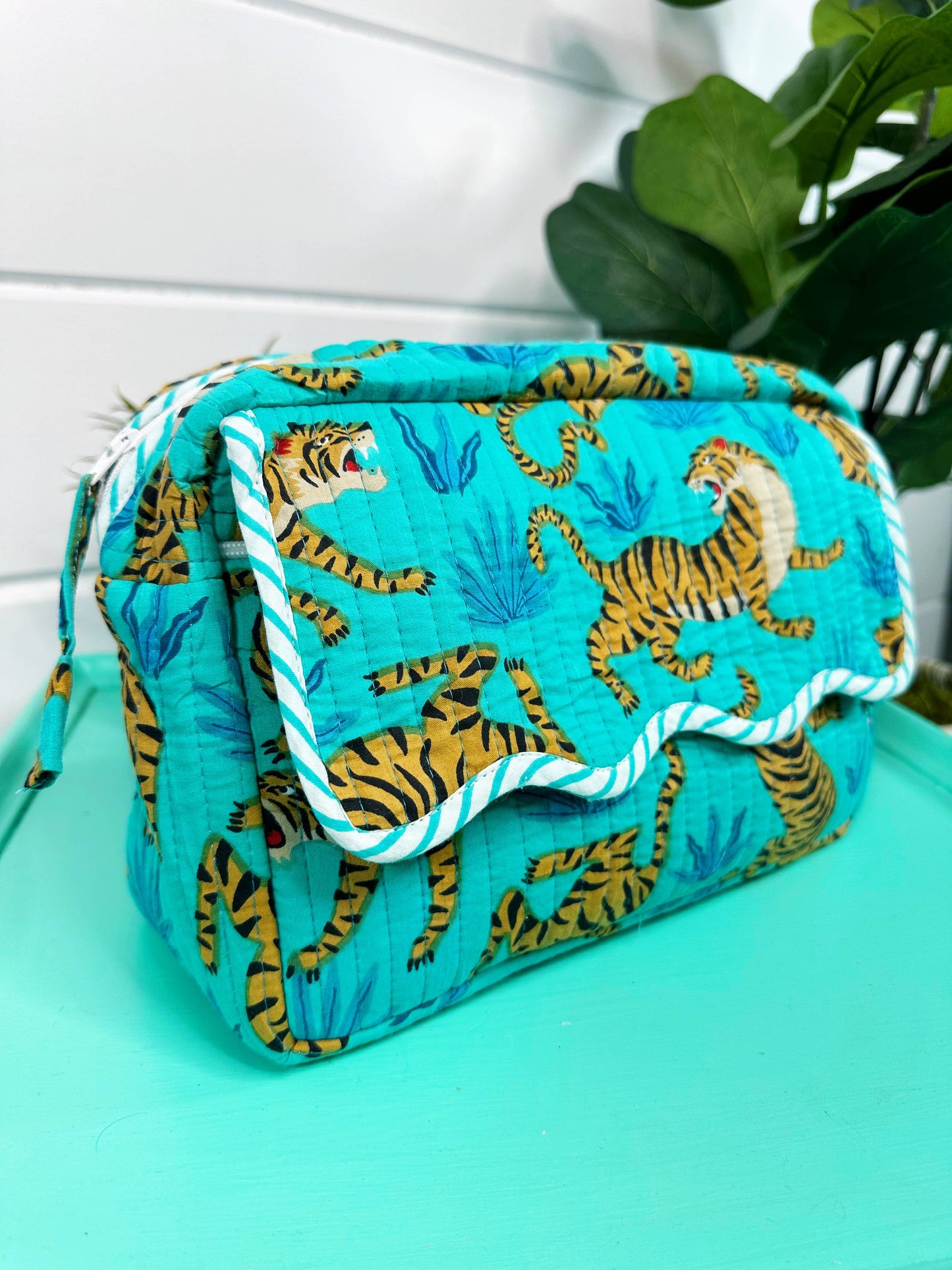 Ruffled Toiletry Bag- Aqua Tigers