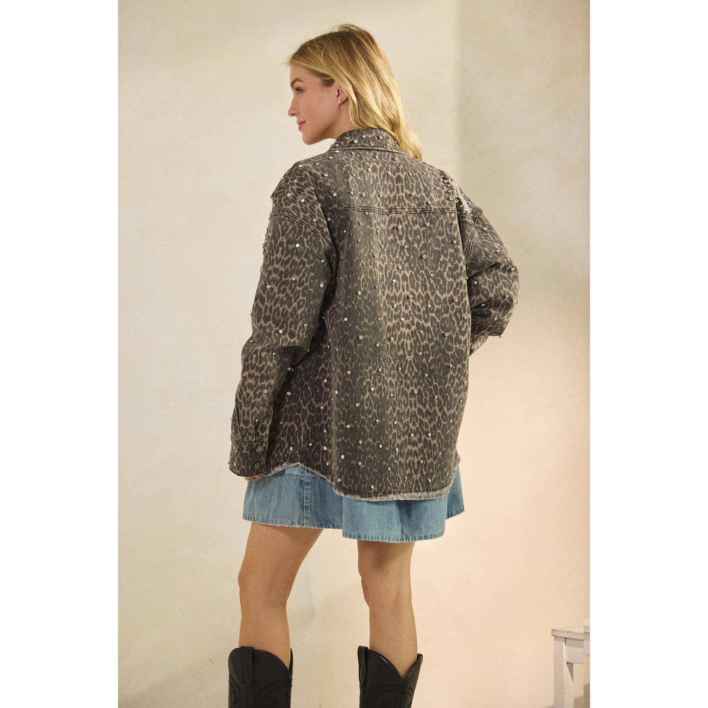 Rhinestone Leopard Denim Jacket
