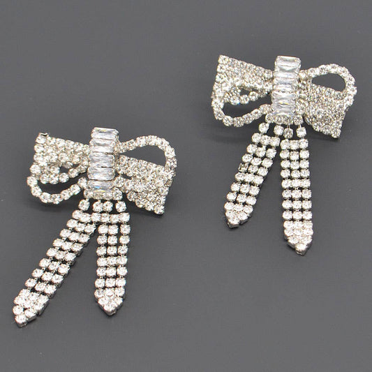 Ribbon Rhinestone Earrings- Silver