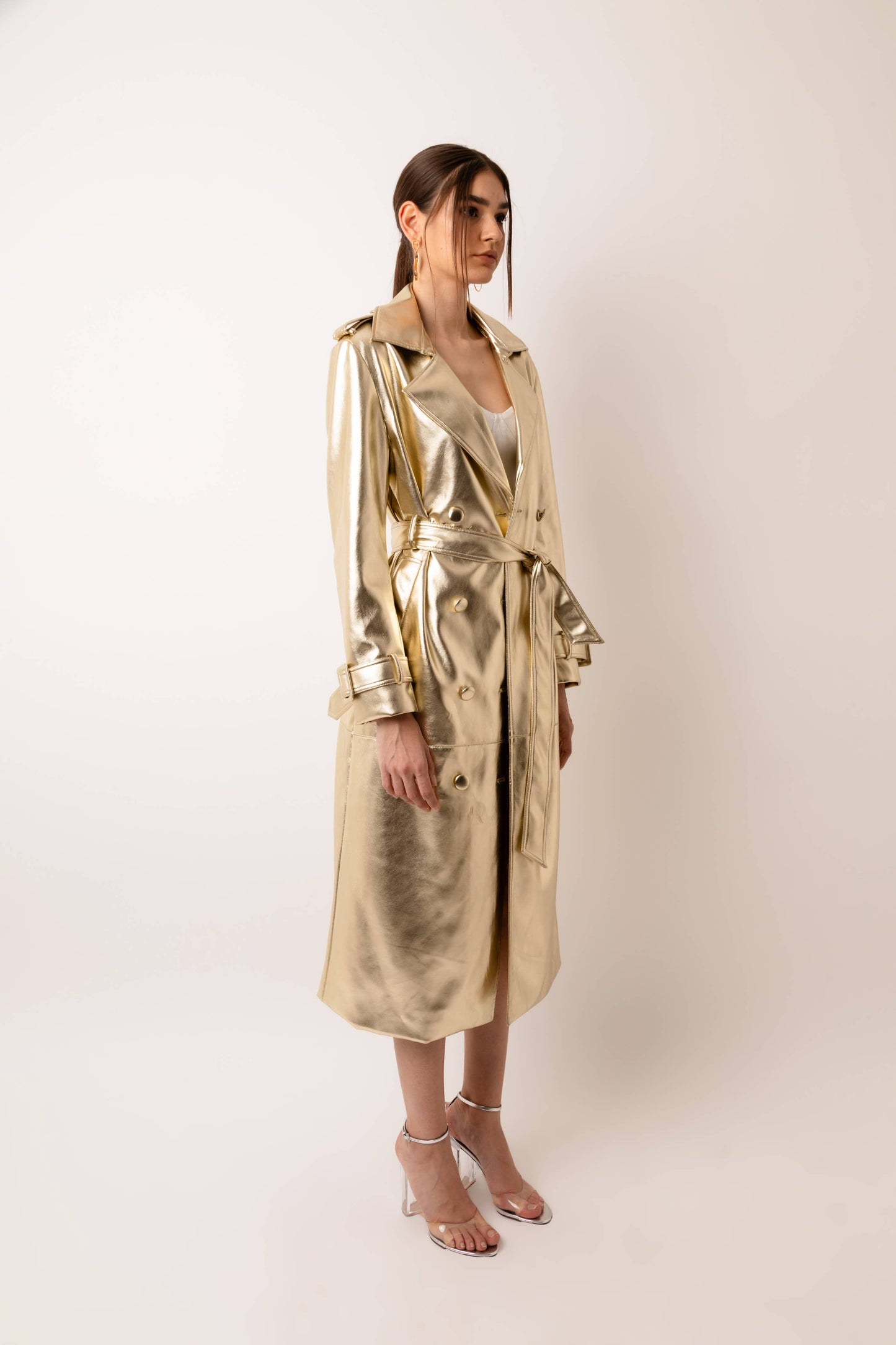 Lupe Faux Leather Gold Trench Coat- Gold