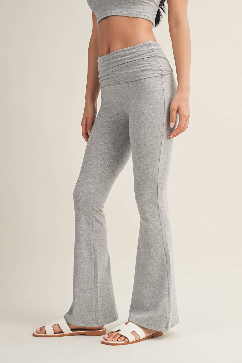Soft Knit Foldover Flare Pants: Heather Grey