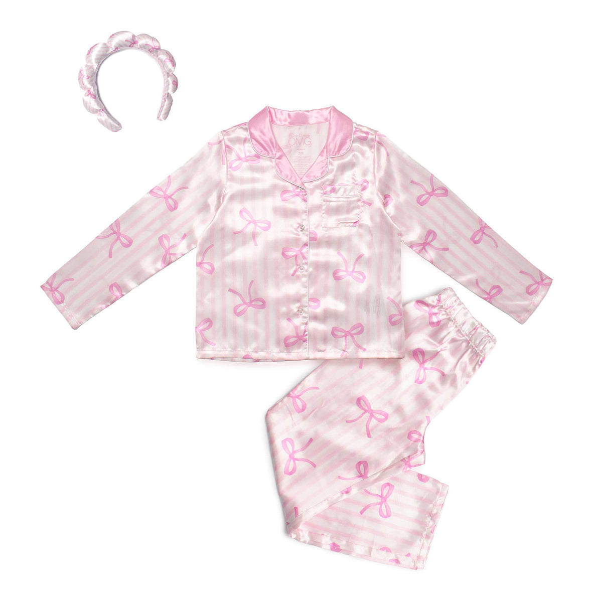 Girls- Striped Bow Satin Pajama Set w/ Headband