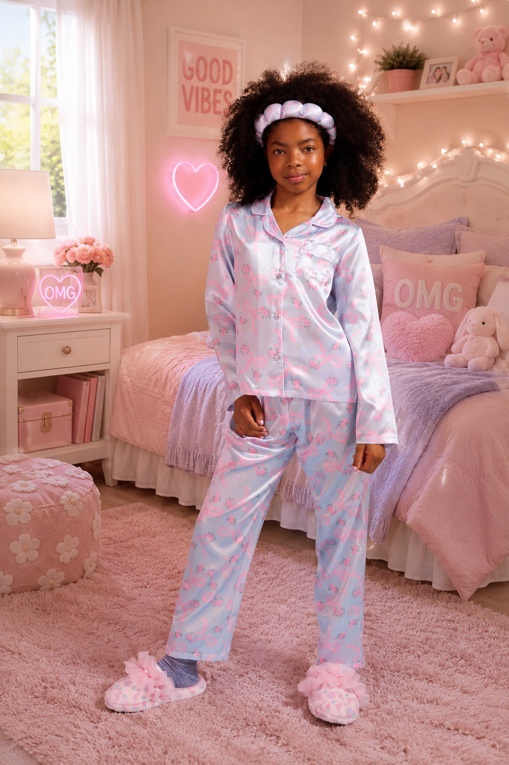 Girls- Floral Print Satin Pajama Set with Headband