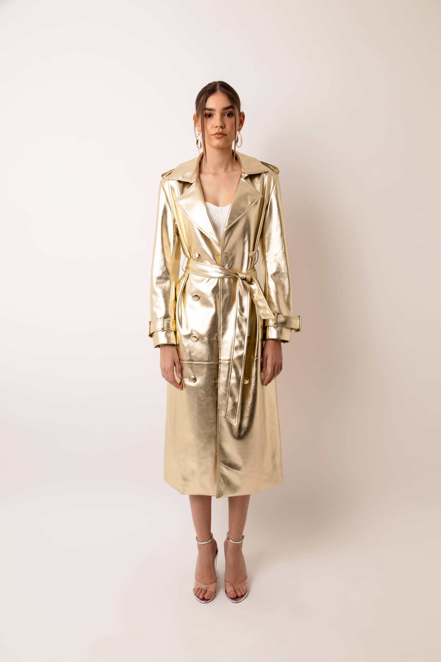 Lupe Faux Leather Gold Trench Coat- Gold