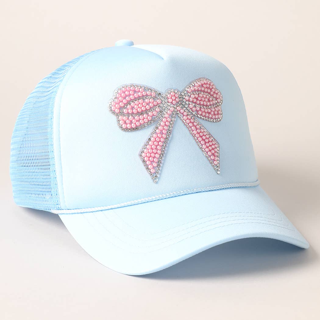 Rhinestone Bow Patch Trucker Hat: Blue