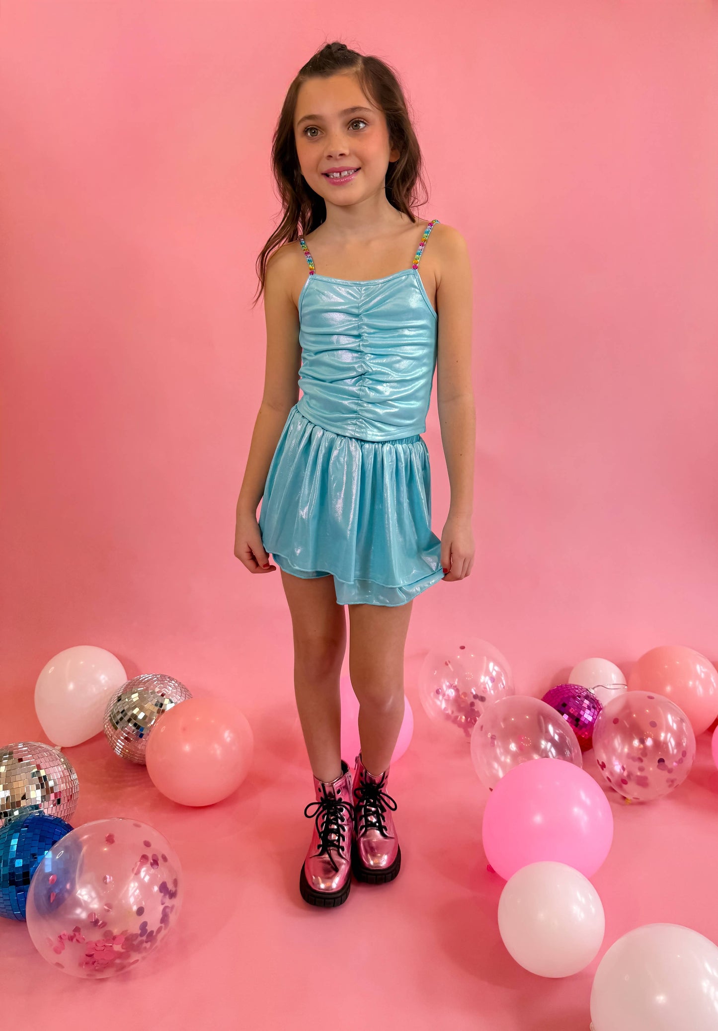 Girls Blue Metallic Skort Set