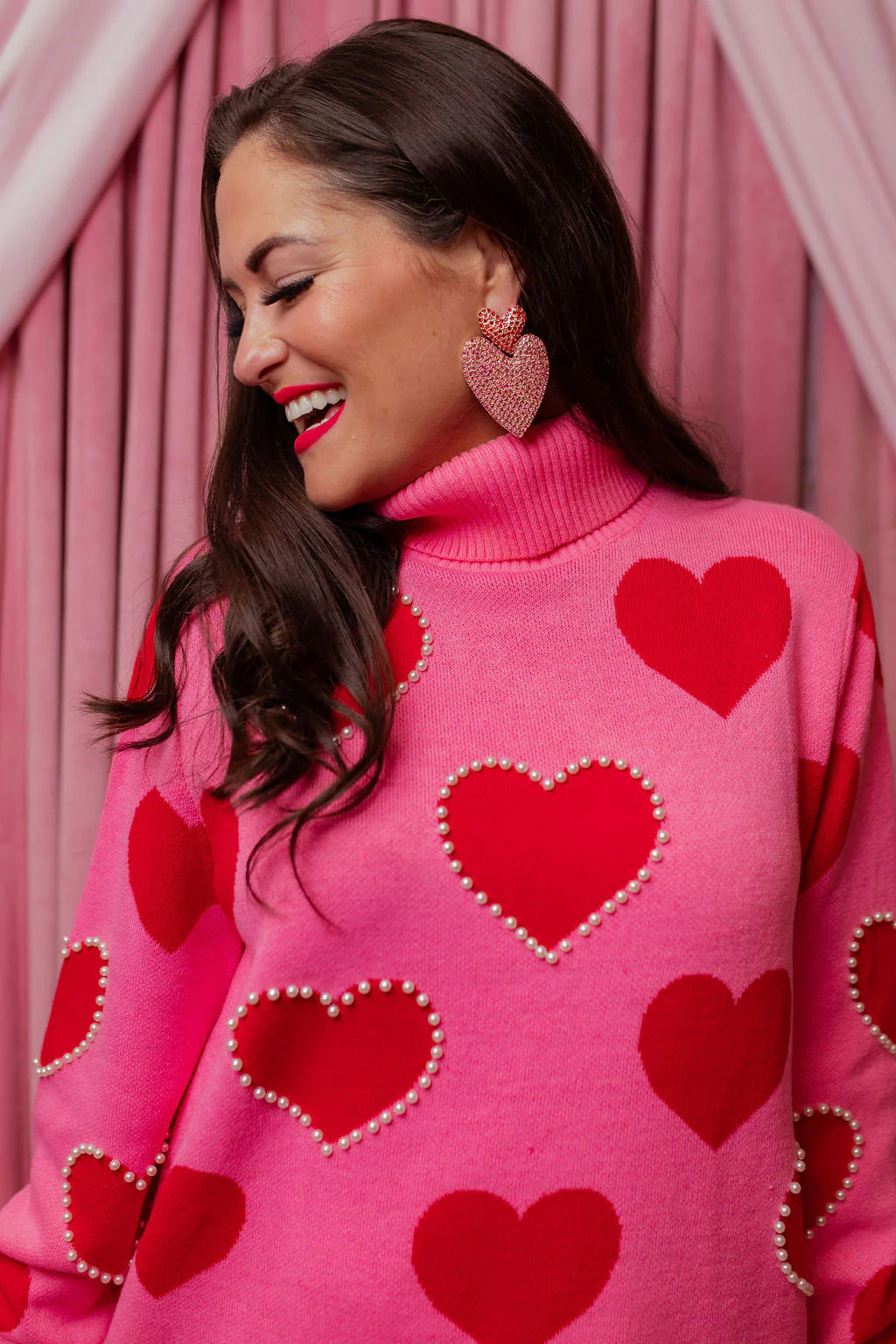 BC- Pink Sweater Tunic with Red Hearts and Pearls