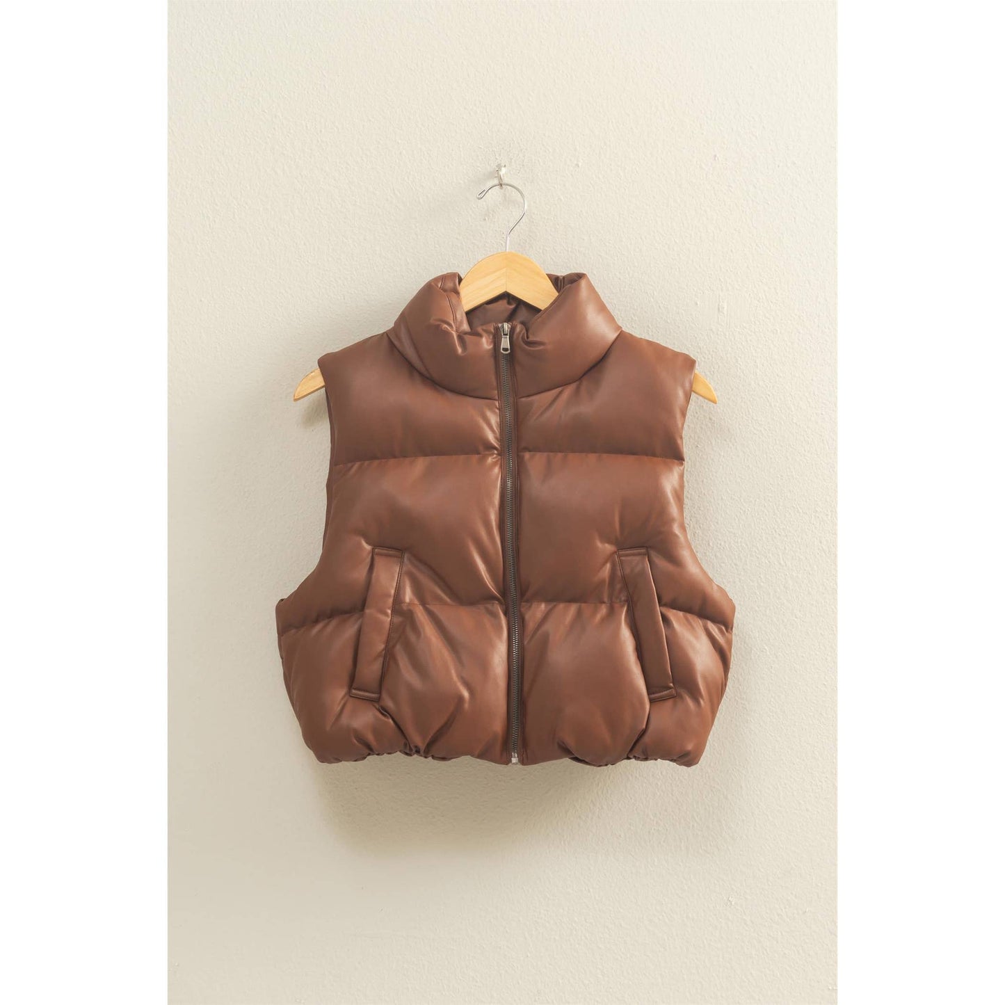 Olga Faux Leather Crop Vest- Chestnut